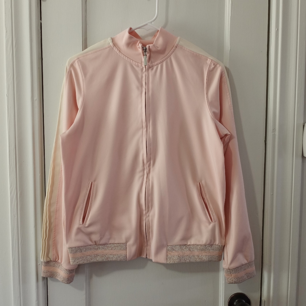 Anthropologie Mauve Pink Bomber Zip Up Track Jacket Ivory Stripe Size Medium